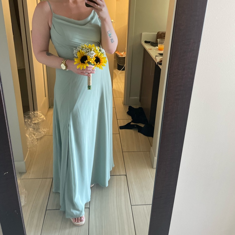 Dusty Sage Cowl Neck Tall Chiffon Bridesmaid Dress with Slit